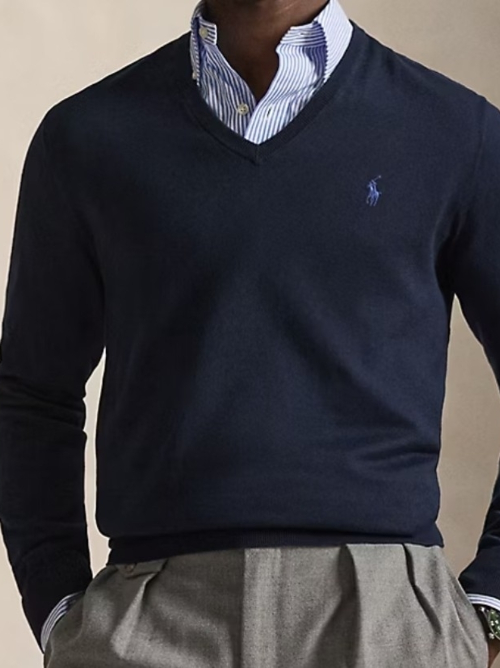 Polo by Ralph Lauren Men's Dark Navy V-Neck Sweater Pima Cotton Size L